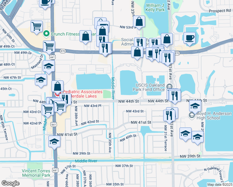 map of restaurants, bars, coffee shops, grocery stores, and more near 3413 Northwest 44th Street in Lauderdale Lakes