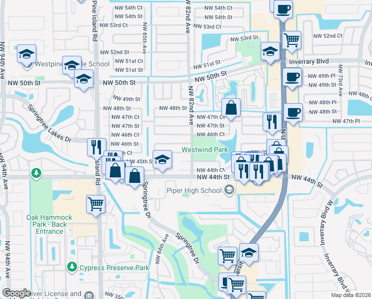 map of restaurants, bars, coffee shops, grocery stores, and more near 8220 Northwest 45th Court in Lauderhill