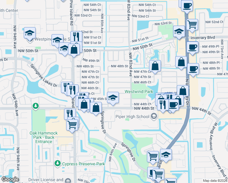map of restaurants, bars, coffee shops, grocery stores, and more near 8320 Northwest 45th Court in Lauderhill