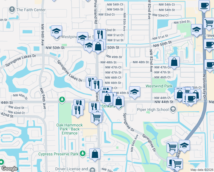 map of restaurants, bars, coffee shops, grocery stores, and more near 8640 Northwest 45th Court in Lauderhill