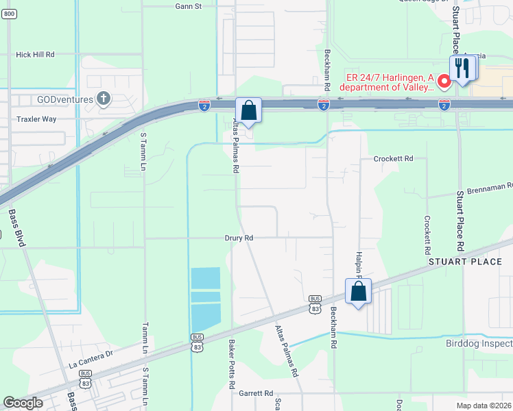 map of restaurants, bars, coffee shops, grocery stores, and more near 8221 Arrington Rd in Harlingen