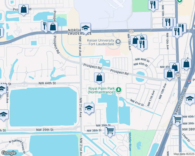 map of restaurants, bars, coffee shops, grocery stores, and more near 4421 Northwest 19th Avenue in Oakland Park