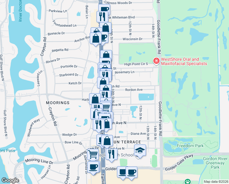 map of restaurants, bars, coffee shops, grocery stores, and more near 2990 10th Street North in Naples