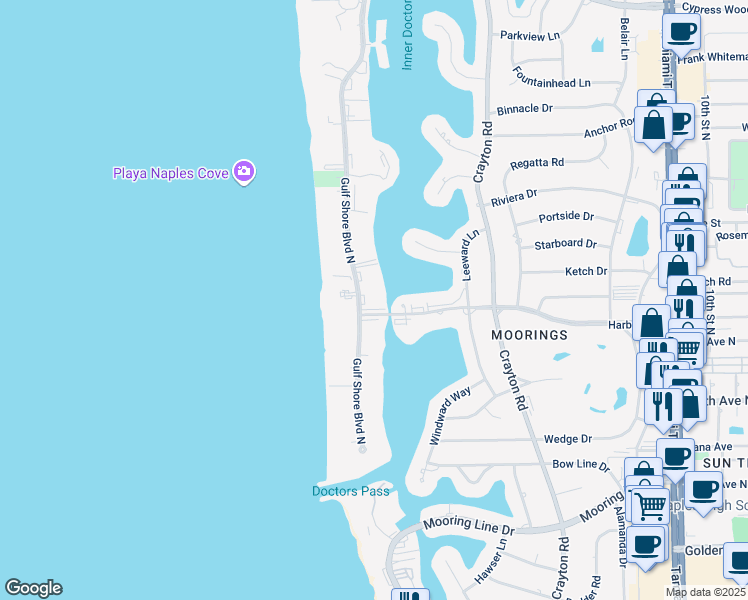 map of restaurants, bars, coffee shops, grocery stores, and more near 2900 Gulf Shore Boulevard North in Naples
