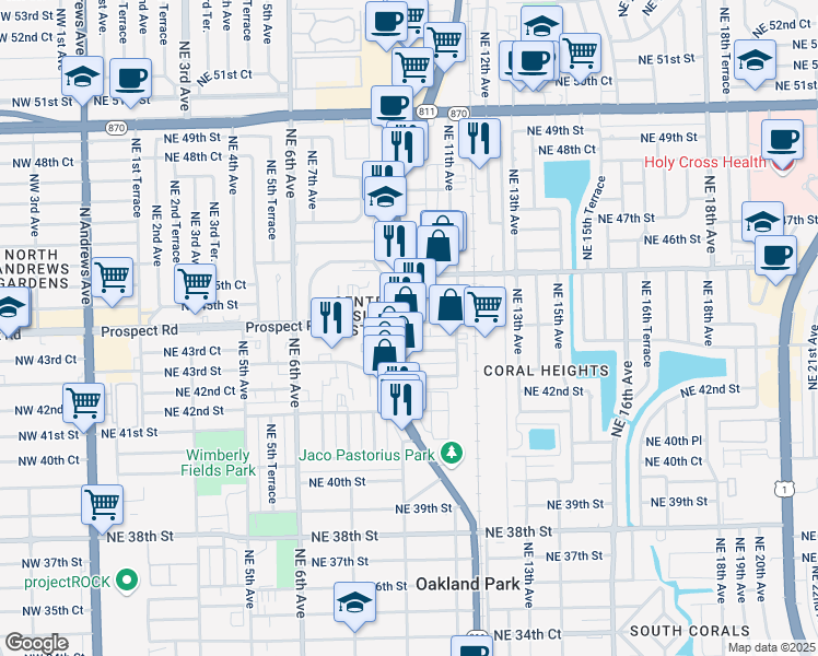 map of restaurants, bars, coffee shops, grocery stores, and more near 4376 North Dixie Highway in Oakland Park