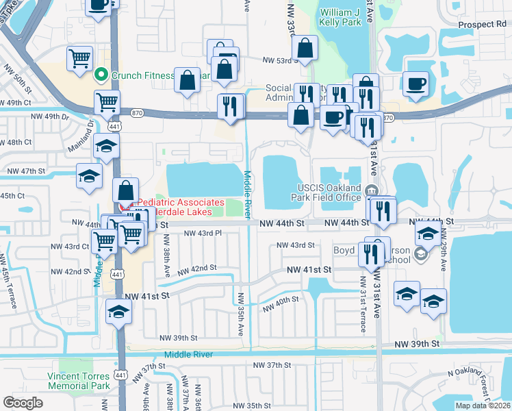 map of restaurants, bars, coffee shops, grocery stores, and more near 3421 Northwest 44th Street in Lauderdale Lakes