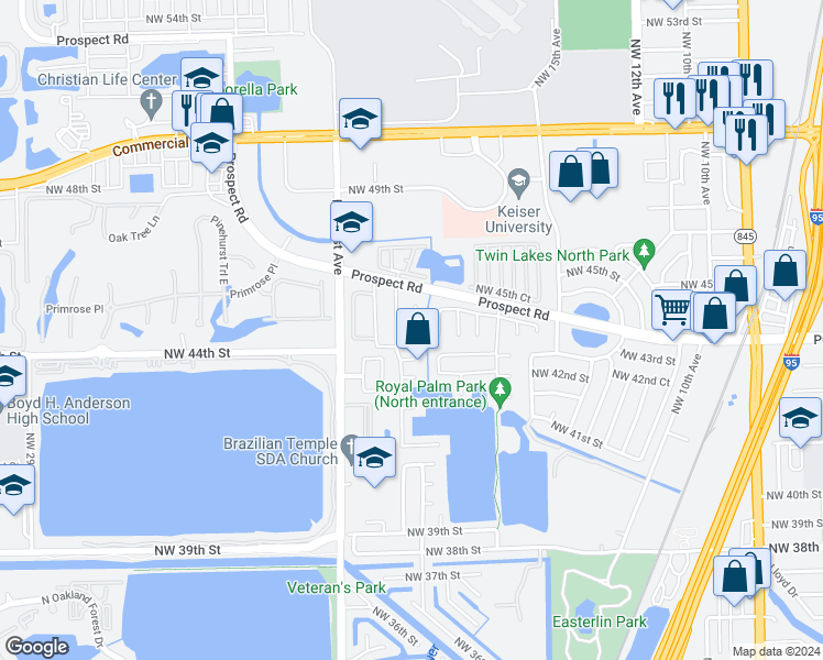 map of restaurants, bars, coffee shops, grocery stores, and more near 4421 Northwest 19th Avenue in Oakland Park