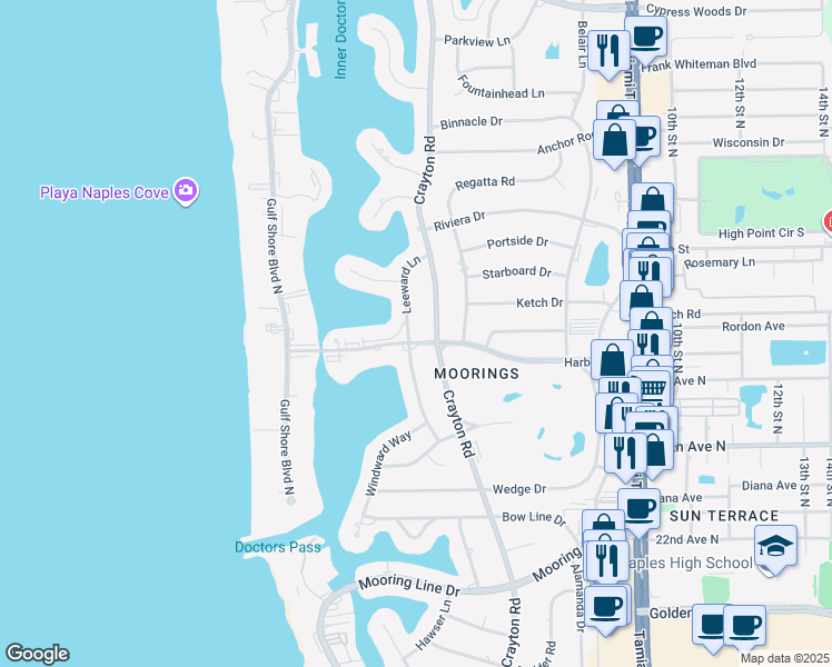 map of restaurants, bars, coffee shops, grocery stores, and more near 420 Harbour Drive in Naples