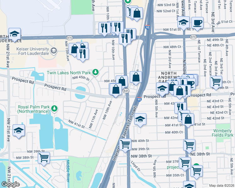 map of restaurants, bars, coffee shops, grocery stores, and more near 930 Prospect Road in Fort Lauderdale