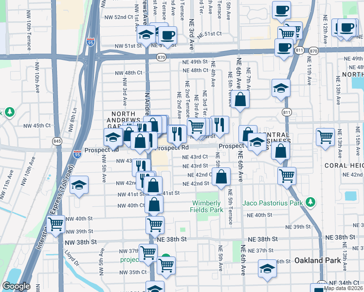 map of restaurants, bars, coffee shops, grocery stores, and more near 207 Prospect Road in Oakland Park