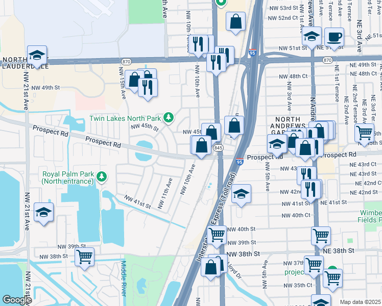 map of restaurants, bars, coffee shops, grocery stores, and more near 988 Prospect Road in Oakland Park