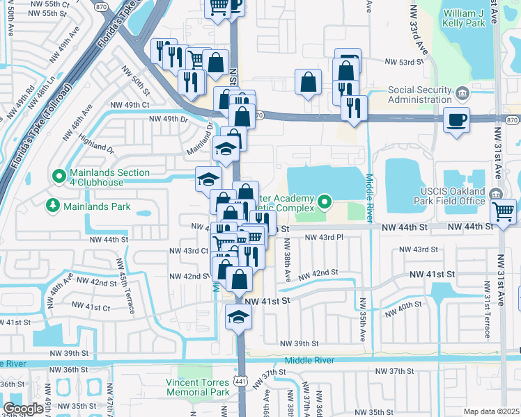 map of restaurants, bars, coffee shops, grocery stores, and more near 4410 North State Road 7 in Lauderdale Lakes