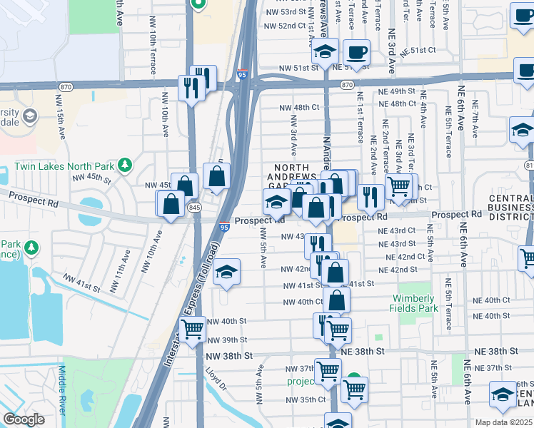map of restaurants, bars, coffee shops, grocery stores, and more near 500 Prospect Road in Oakland Park