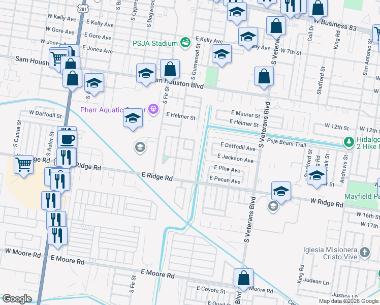 map of restaurants, bars, coffee shops, grocery stores, and more near 1215 South Huisache Street in Pharr
