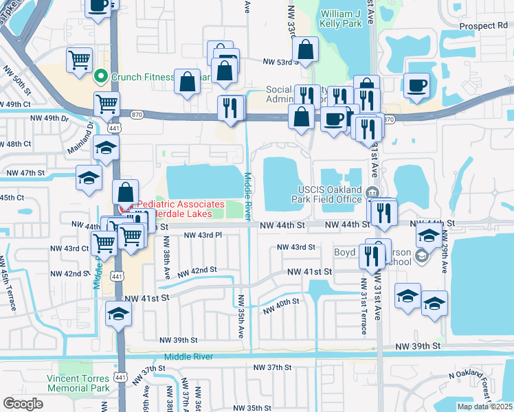 map of restaurants, bars, coffee shops, grocery stores, and more near 3413 Northwest 44th Street in Lauderdale Lakes