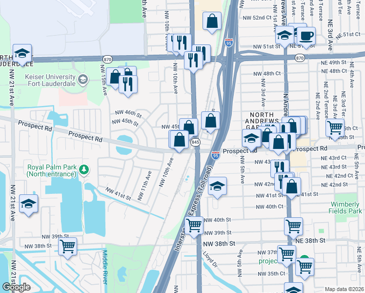 map of restaurants, bars, coffee shops, grocery stores, and more near 930 Prospect Road in Fort Lauderdale