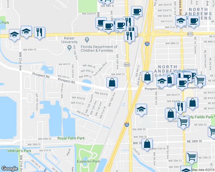 map of restaurants, bars, coffee shops, grocery stores, and more near 1110 Prospect Road in Fort Lauderdale