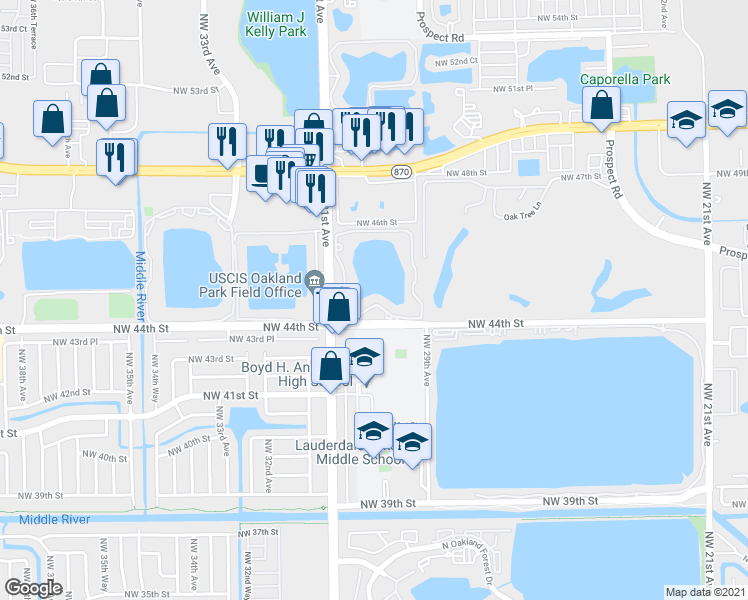 map of restaurants, bars, coffee shops, grocery stores, and more near 207 Northwest 44th Street in Oakland Park