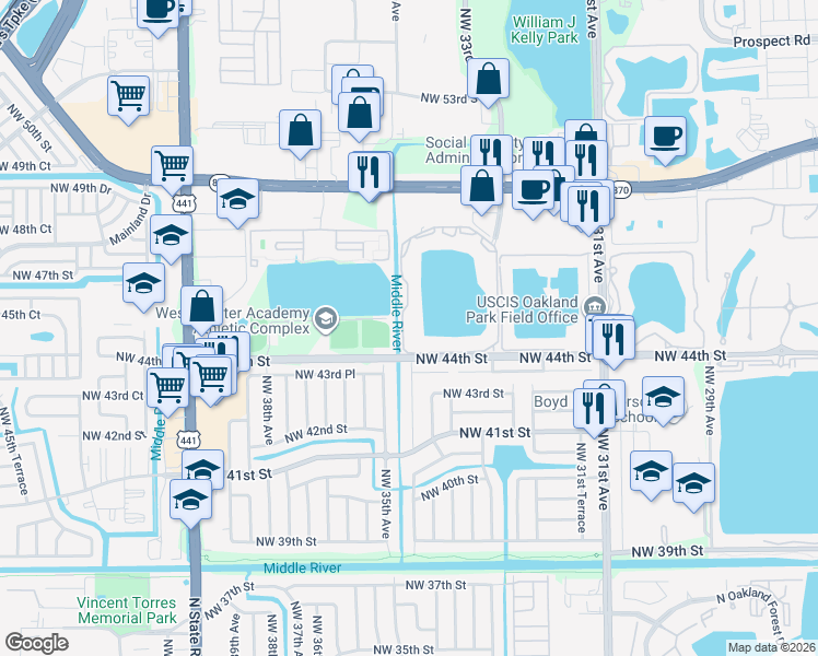 map of restaurants, bars, coffee shops, grocery stores, and more near 3413 Northwest 44th Street in Lauderdale Lakes