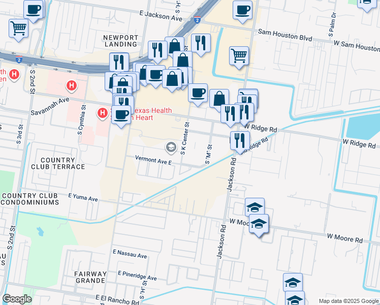 map of restaurants, bars, coffee shops, grocery stores, and more near 2109 South K Center Street in McAllen