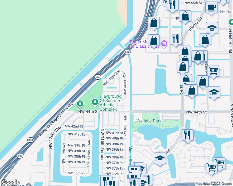 map of restaurants, bars, coffee shops, grocery stores, and more near 4520 Northwest 113th Terrace in Sunrise