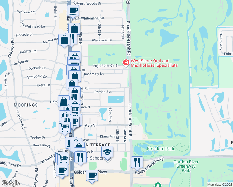 map of restaurants, bars, coffee shops, grocery stores, and more near 1350 Rordon Avenue in Naples