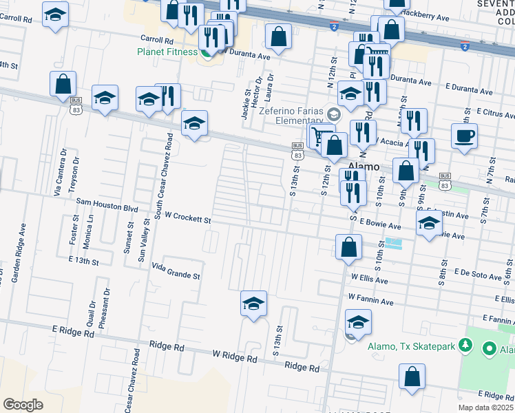 map of restaurants, bars, coffee shops, grocery stores, and more near 47 San Fernando Street in Alamo