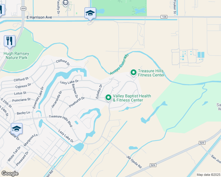 map of restaurants, bars, coffee shops, grocery stores, and more near 3250-3282 East Cobblestone Creek Drive in Harlingen