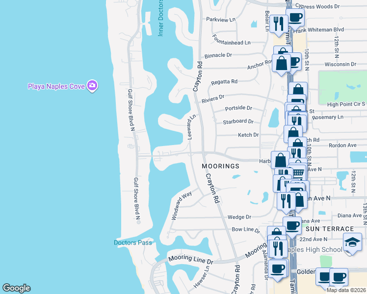 map of restaurants, bars, coffee shops, grocery stores, and more near 383 Harbour Drive in Naples