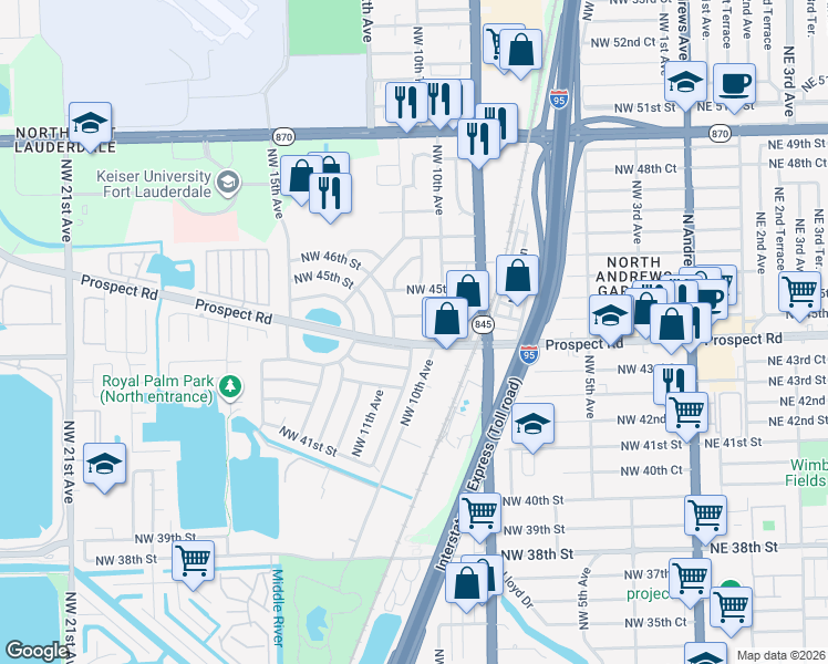 map of restaurants, bars, coffee shops, grocery stores, and more near 988 Prospect Road in Oakland Park