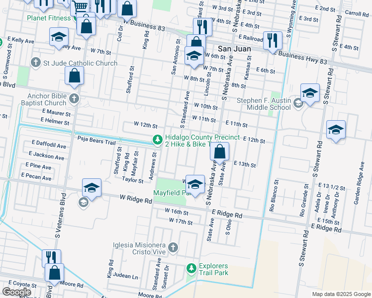 map of restaurants, bars, coffee shops, grocery stores, and more near 1301 South Standard Street in San Juan
