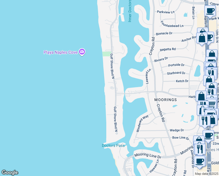 map of restaurants, bars, coffee shops, grocery stores, and more near 2919 Gulf Shore Boulevard North in Naples
