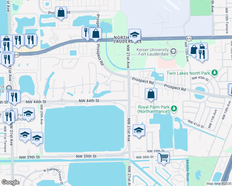 map of restaurants, bars, coffee shops, grocery stores, and more near 106 Lake Emerald Drive in Oakland Park