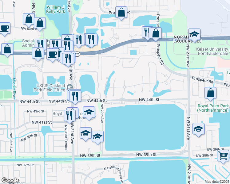 map of restaurants, bars, coffee shops, grocery stores, and more near 2800 Northwest 44th Street in Oakland Park
