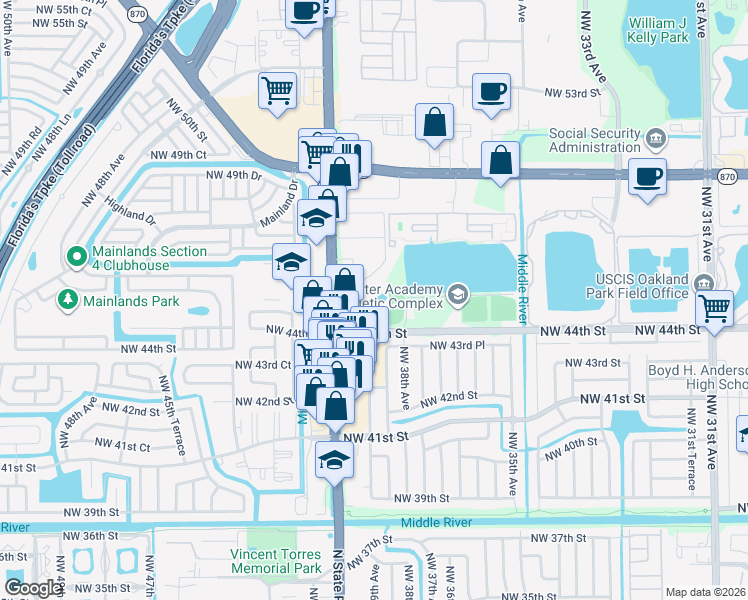map of restaurants, bars, coffee shops, grocery stores, and more near 4410 North State Road 7 in Lauderdale Lakes