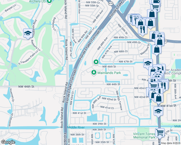 map of restaurants, bars, coffee shops, grocery stores, and more near 4512 Northwest 47th Terrace in Tamarac