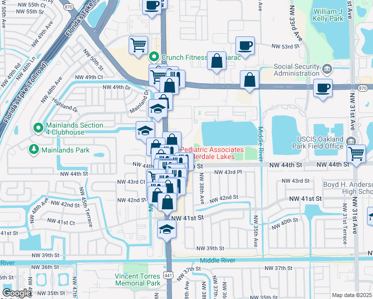map of restaurants, bars, coffee shops, grocery stores, and more near 4410 North State Road 7 in Lauderdale Lakes