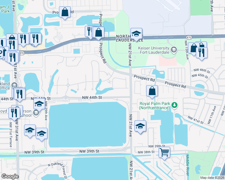 map of restaurants, bars, coffee shops, grocery stores, and more near 106 Lake Emerald Drive in Oakland Park