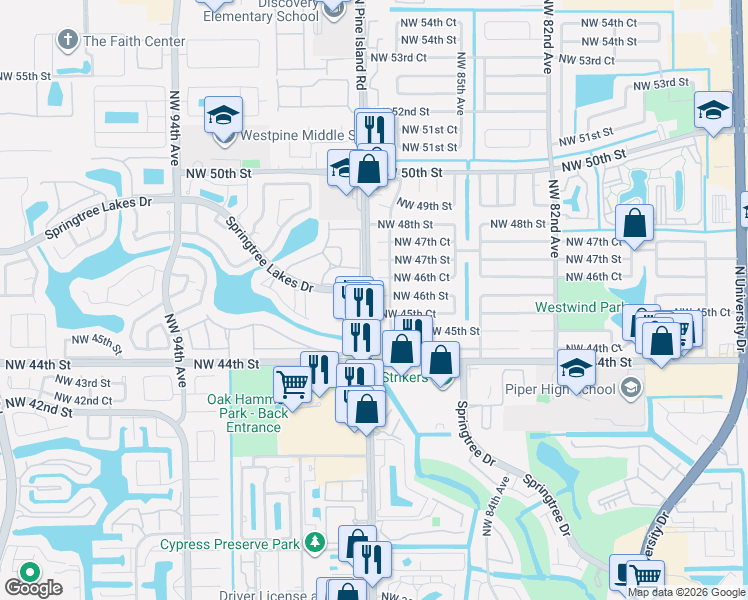 map of restaurants, bars, coffee shops, grocery stores, and more near 4567 North Pine Island Road in Sunrise