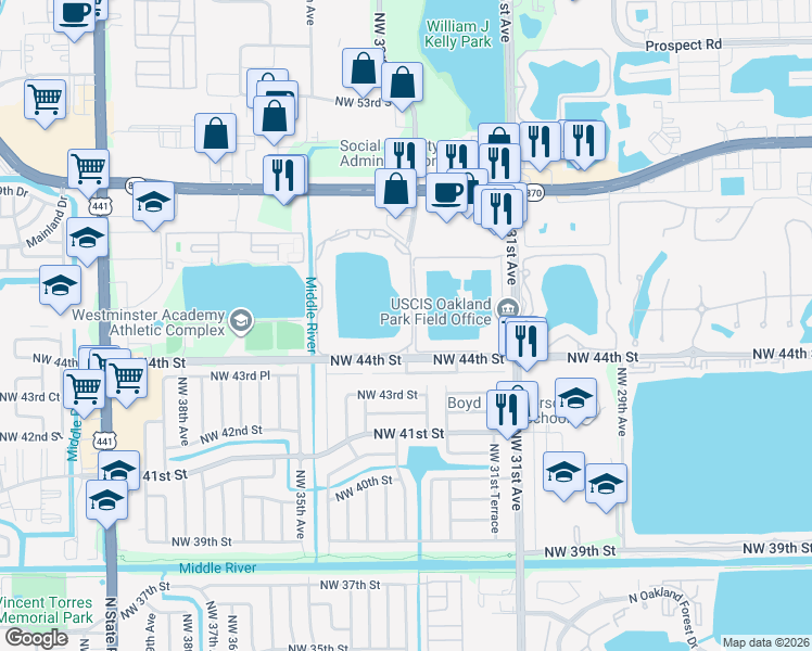 map of restaurants, bars, coffee shops, grocery stores, and more near 3477 Northwest 44th Street in Lauderdale Lakes