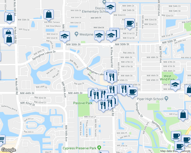 map of restaurants, bars, coffee shops, grocery stores, and more near 4567 Northwest 90th Avenue in Sunrise