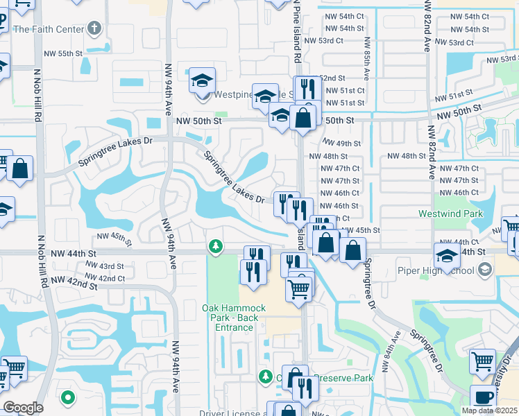map of restaurants, bars, coffee shops, grocery stores, and more near 9040 Northwest 45th Court in Sunrise