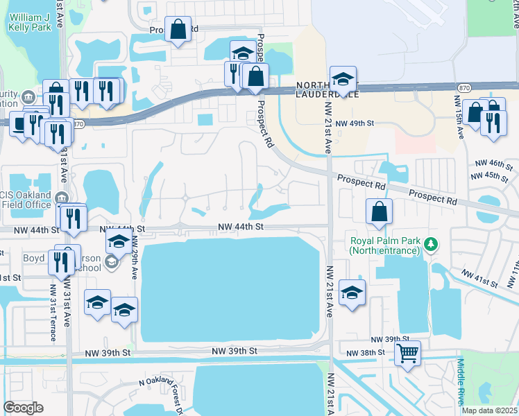 map of restaurants, bars, coffee shops, grocery stores, and more near 2235-2675 Northwest 44th Street in Oakland Park