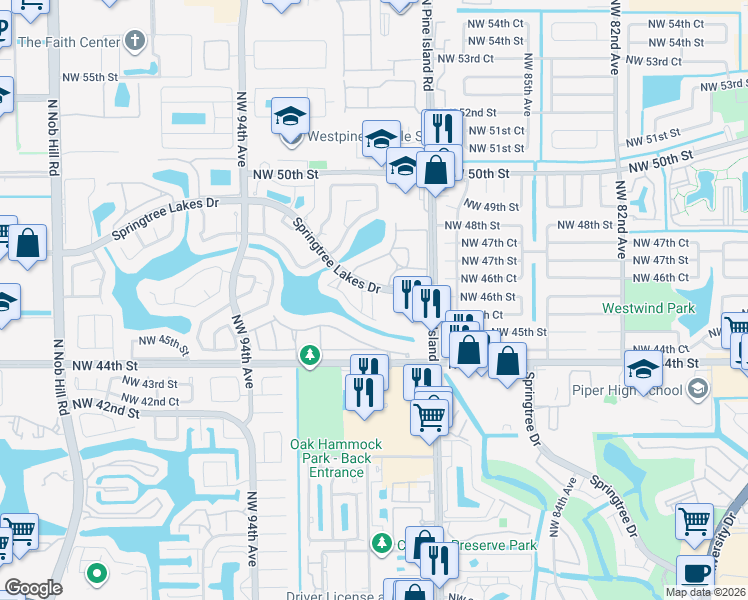 map of restaurants, bars, coffee shops, grocery stores, and more near 9040 Northwest 45th Court in Sunrise