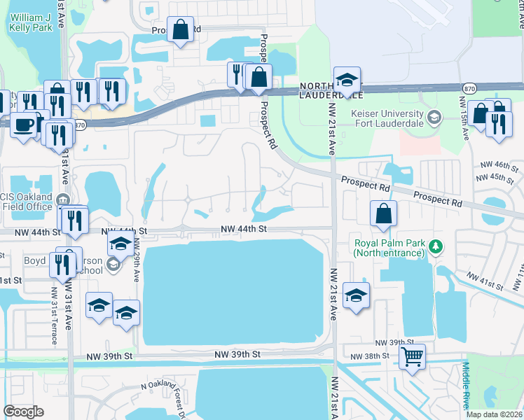 map of restaurants, bars, coffee shops, grocery stores, and more near 2235-2675 Northwest 44th Street in Oakland Park