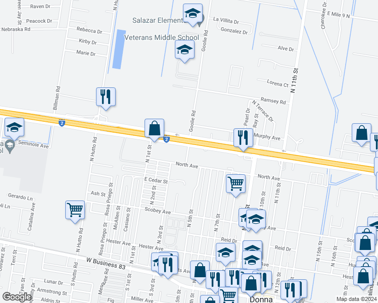 map of restaurants, bars, coffee shops, grocery stores, and more near 403 Golie Road in Donna