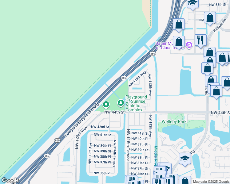 map of restaurants, bars, coffee shops, grocery stores, and more near 11501 Northwest 44th Street in Sunrise