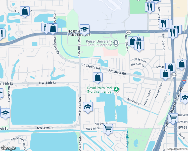 map of restaurants, bars, coffee shops, grocery stores, and more near 4401 Northwest 19th Terrace in Oakland Park