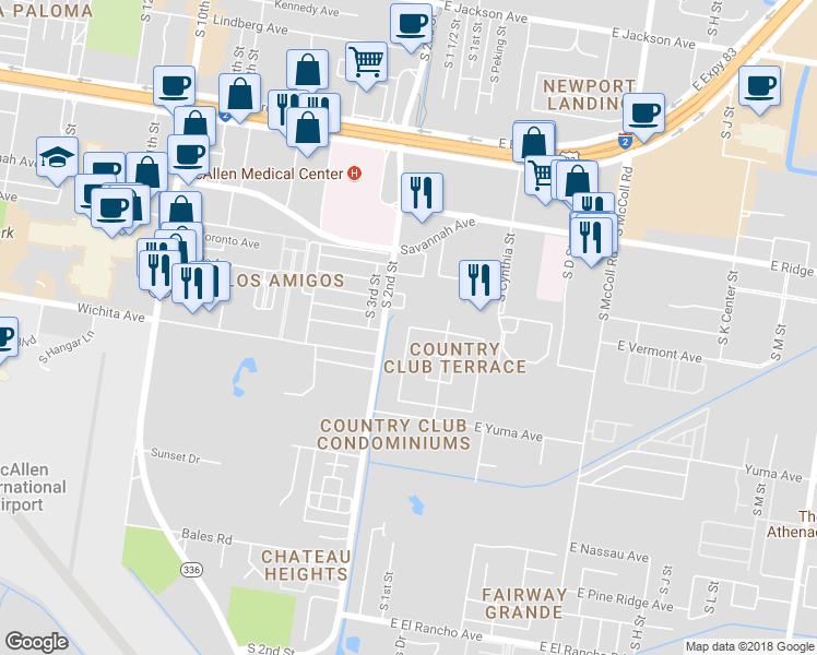 map of restaurants, bars, coffee shops, grocery stores, and more near 112 West Augusta Square in McAllen