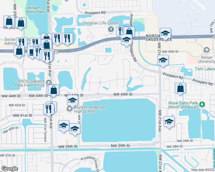 map of restaurants, bars, coffee shops, grocery stores, and more near 2231-2899 Northwest 44th Street in Oakland Park
